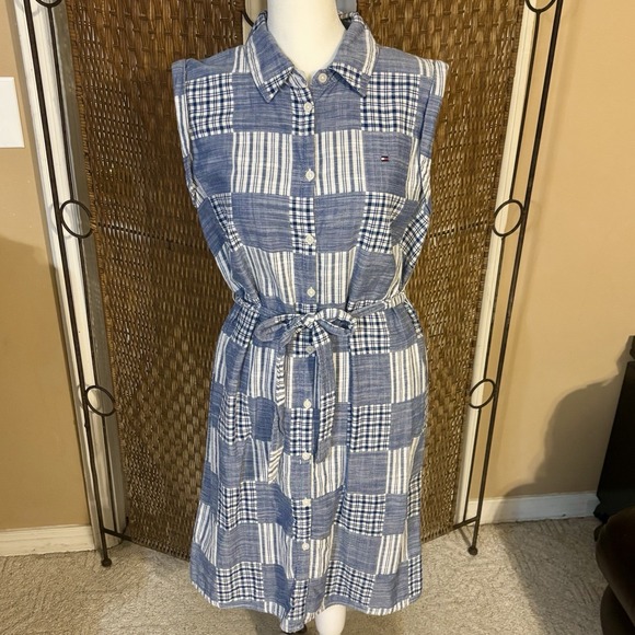 Tommy Hilfiger Dresses & Skirts - Tommy Hilfiger Blue Plaid Patchwork Sleeveless Shirt Dress Womens 8 Tie Waist